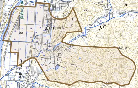 山崎町中とその周辺の地図。町の範囲を重ねている
