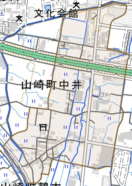 山崎町中井とその周辺の地図。町の範囲を重ねている