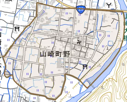 山崎町野とその周辺の地図。町の範囲を重ねている