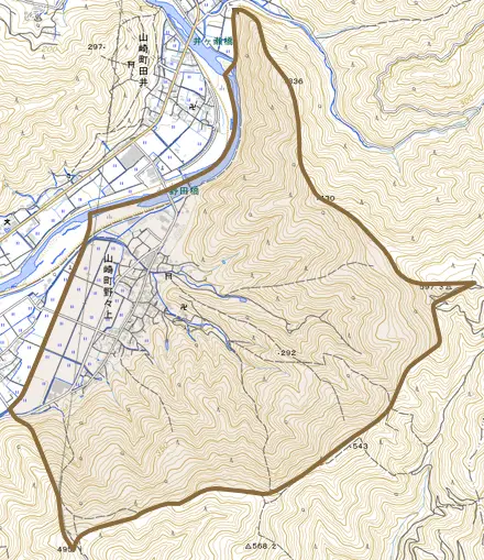 山崎町野々上とその周辺の地図。町の範囲を重ねている