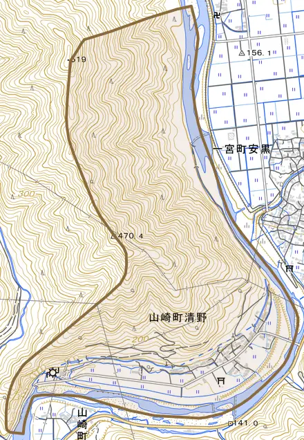 山崎町清野とその周辺の地図。町の範囲を重ねている