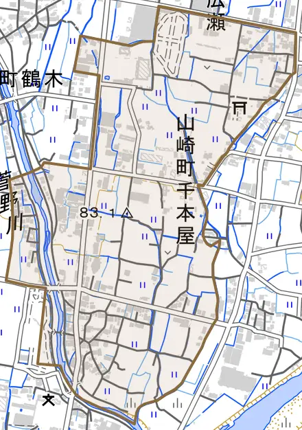 山崎町千本屋とその周辺の地図。町の範囲を重ねている