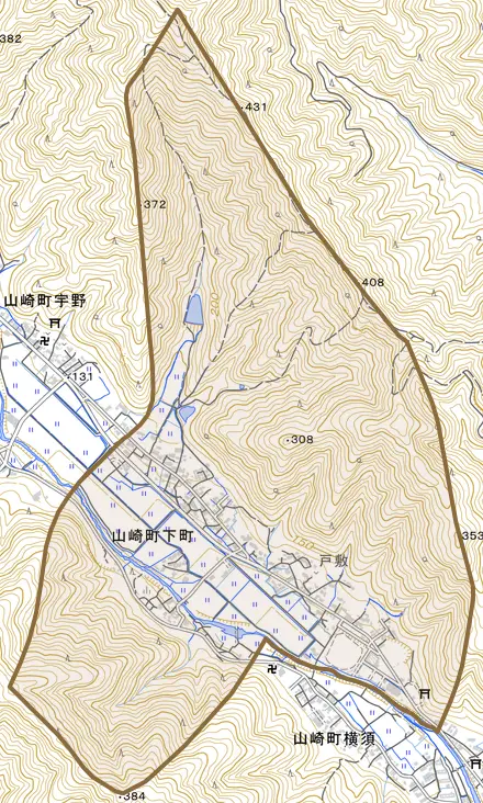 山崎町下町とその周辺の地図。町の範囲を重ねている