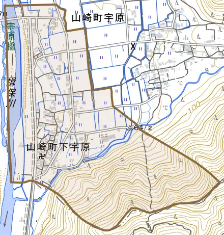 山崎町下宇原とその周辺の地図。町の範囲を重ねている