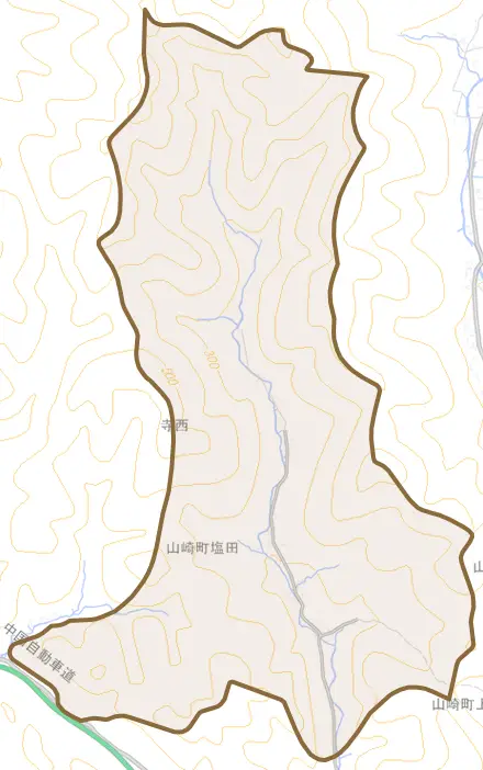 山崎町塩田とその周辺の地図。町の範囲を重ねている