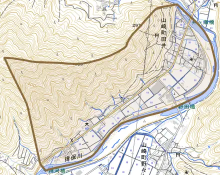 山崎町田井とその周辺の地図。町の範囲を重ねている