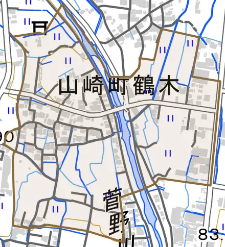 山崎町鶴木とその周辺の地図。町の範囲を重ねている