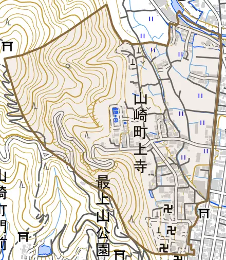 山崎町上寺とその周辺の地図。町の範囲を重ねている