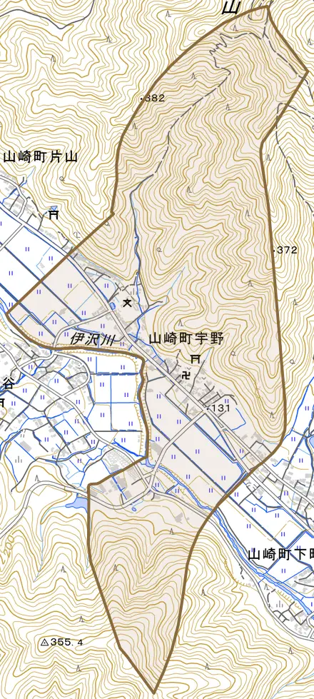 山崎町宇野とその周辺の地図。町の範囲を重ねている