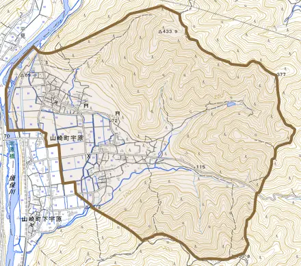 山崎町宇原とその周辺の地図。町の範囲を重ねている