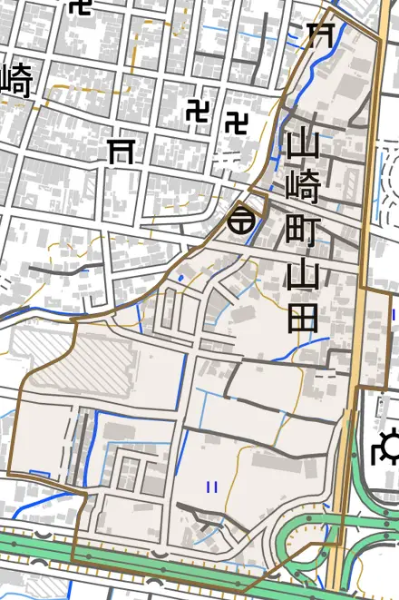 山崎町山田とその周辺の地図。町の範囲を重ねている