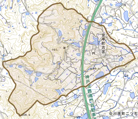 安乎町古宮とその周辺の地図。町の範囲を重ねている