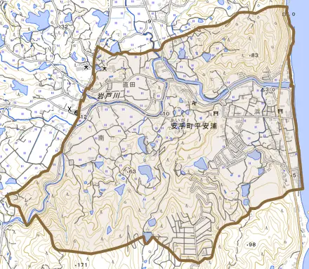 安乎町平安浦とその周辺の地図。町の範囲を重ねている