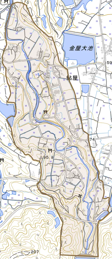 鮎屋とその周辺の地図。町の範囲を重ねている