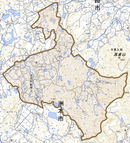 五色町鮎原上とその周辺の地図。町の範囲を重ねている