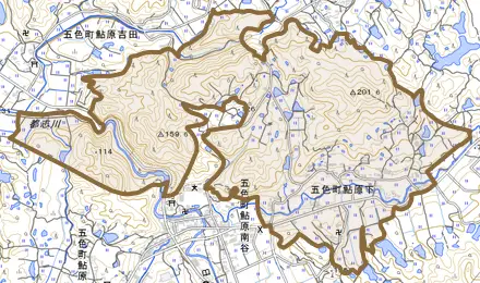五色町鮎原下とその周辺の地図。町の範囲を重ねている
