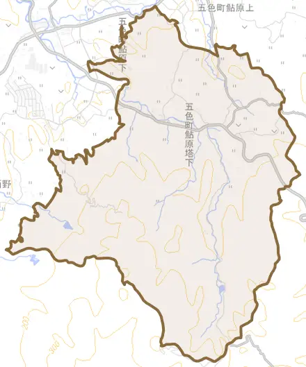 五色町鮎原塔下とその周辺の地図。町の範囲を重ねている