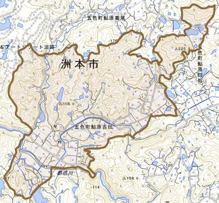 五色町鮎原吉田とその周辺の地図。町の範囲を重ねている