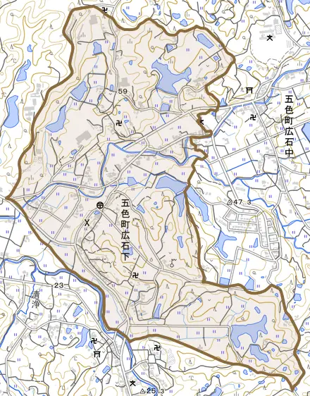 五色町広石下とその周辺の地図。町の範囲を重ねている