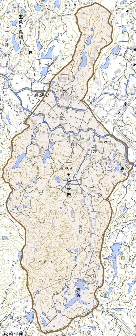 五色町下堺とその周辺の地図。町の範囲を重ねている