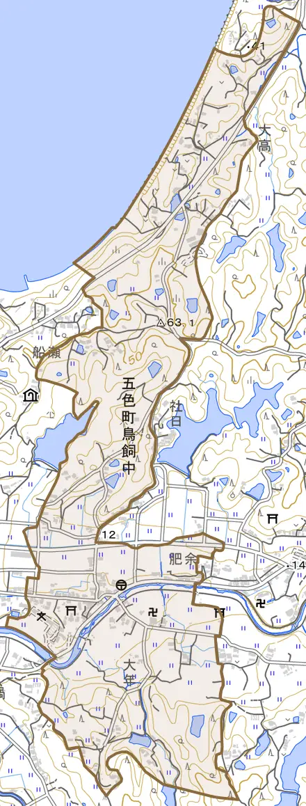 五色町鳥飼中とその周辺の地図。町の範囲を重ねている