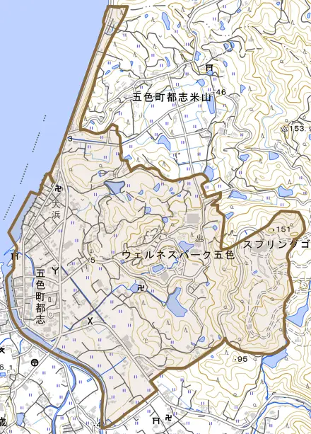 五色町都志とその周辺の地図。町の範囲を重ねている