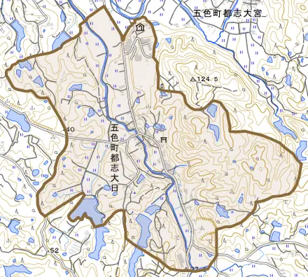 五色町都志大日とその周辺の地図。町の範囲を重ねている
