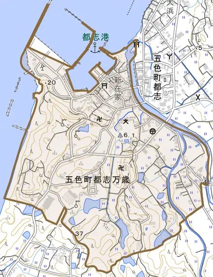五色町都志万歳とその周辺の地図。町の範囲を重ねている