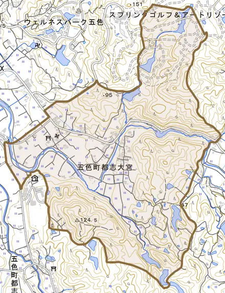 五色町都志大宮とその周辺の地図。町の範囲を重ねている