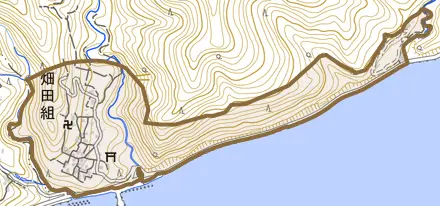 畑田組とその周辺の地図。町の範囲を重ねている