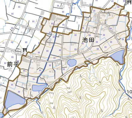 池田とその周辺の地図。町の範囲を重ねている