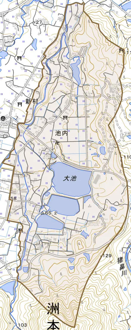 池内とその周辺の地図。町の範囲を重ねている