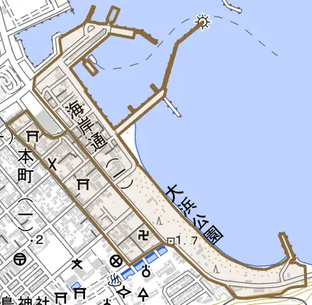 海岸通とその周辺の地図。町の範囲を重ねている