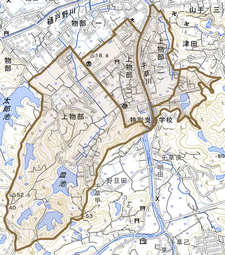 上物部とその周辺の地図。町の範囲を重ねている