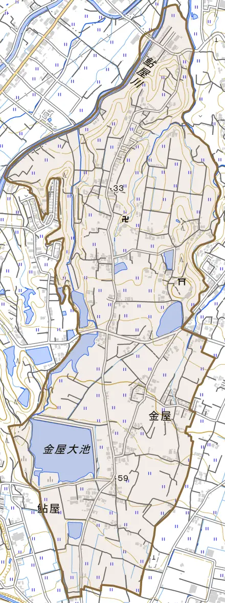 金屋とその周辺の地図。町の範囲を重ねている