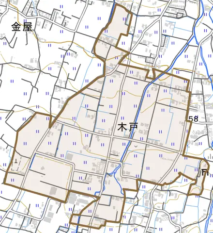 木戸とその周辺の地図。町の範囲を重ねている