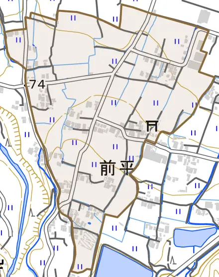 前平とその周辺の地図。町の範囲を重ねている