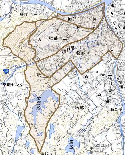 物部とその周辺の地図。町の範囲を重ねている