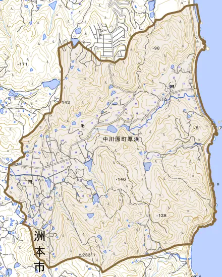中川原町厚浜とその周辺の地図。町の範囲を重ねている