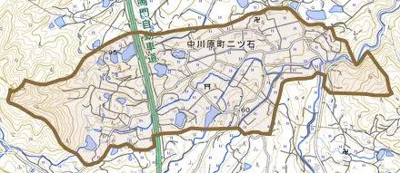 中川原町二ツ石とその周辺の地図。町の範囲を重ねている