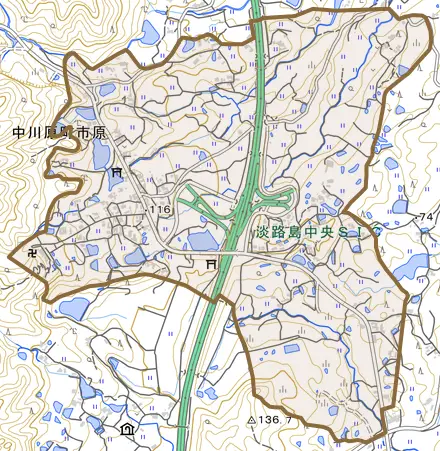 中川原町市原とその周辺の地図。町の範囲を重ねている
