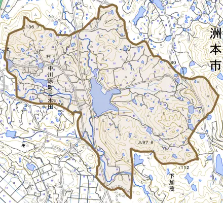 中川原町三木田とその周辺の地図。町の範囲を重ねている