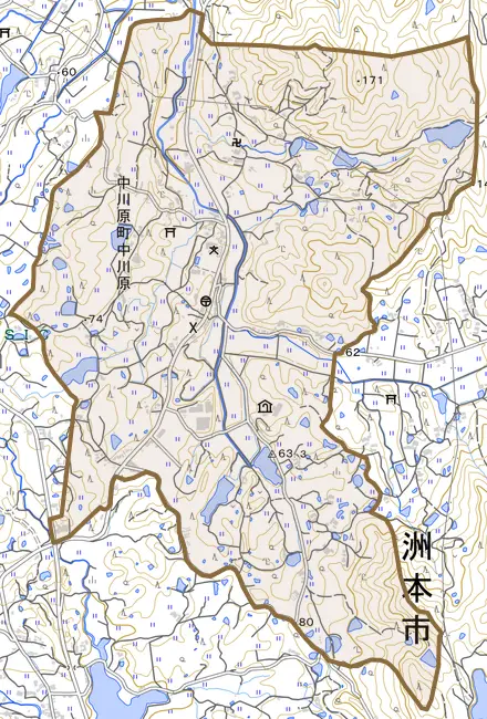 中川原町中川原とその周辺の地図。町の範囲を重ねている