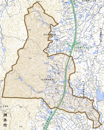 中川原町安坂とその周辺の地図。町の範囲を重ねている