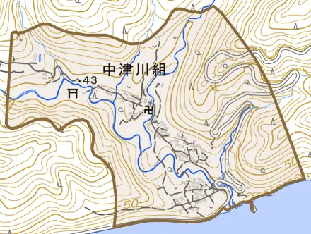 中津川組とその周辺の地図。町の範囲を重ねている