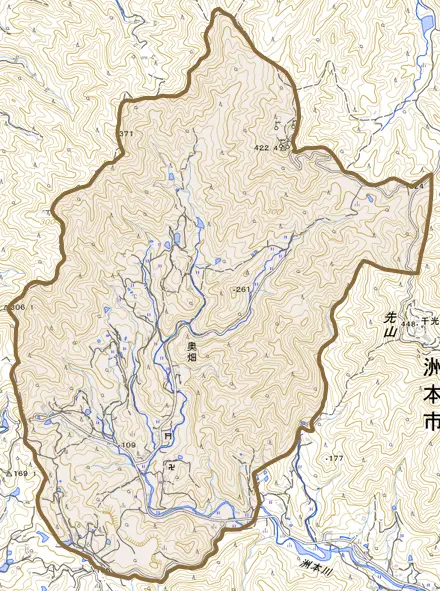 奥畑とその周辺の地図。町の範囲を重ねている