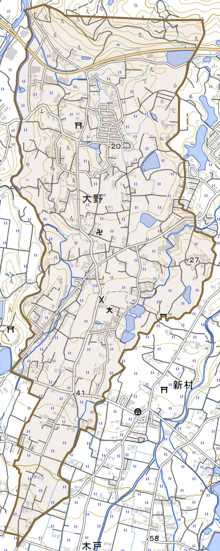 大野とその周辺の地図。町の範囲を重ねている