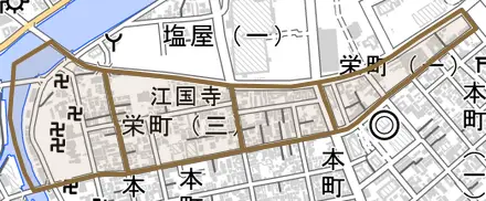 栄町とその周辺の地図。町の範囲を重ねている