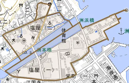 塩屋とその周辺の地図。町の範囲を重ねている