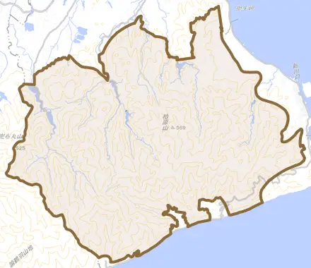 千草戊とその周辺の地図。町の範囲を重ねている